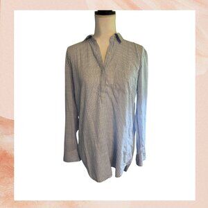 GAP Blue & White Striped Half Button-Up Collared Long Sleeve Shirt